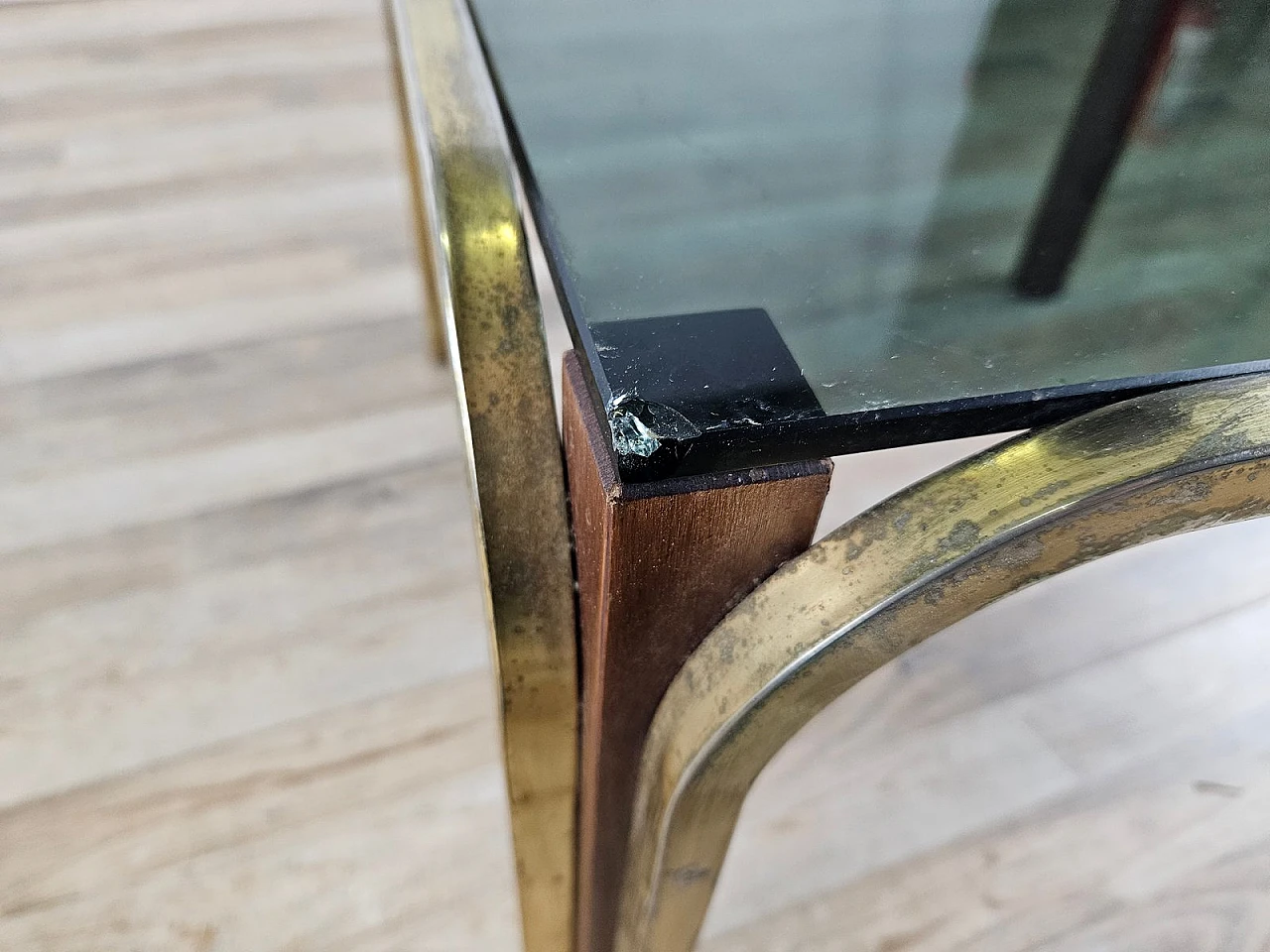 Coffee table in gilded metal and smoked glass, 1970s 8