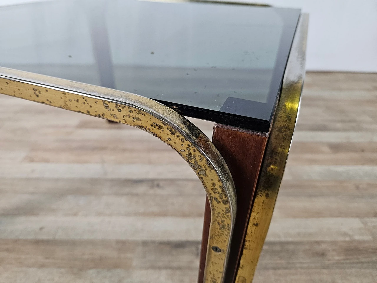 Coffee table in gilded metal and smoked glass, 1970s 9