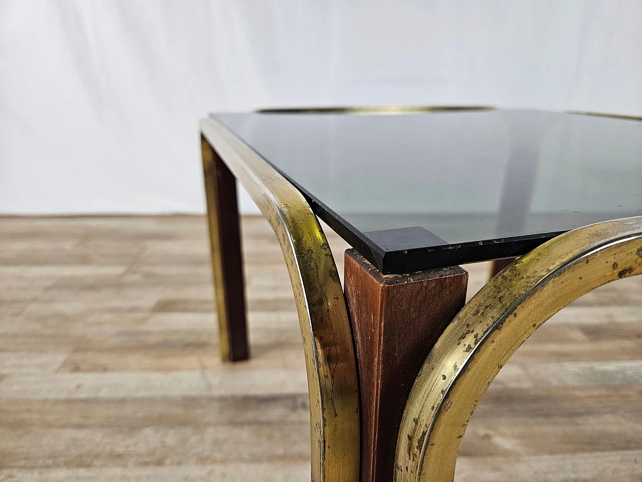 Coffee table in gilded metal and smoked glass, 1970s 10