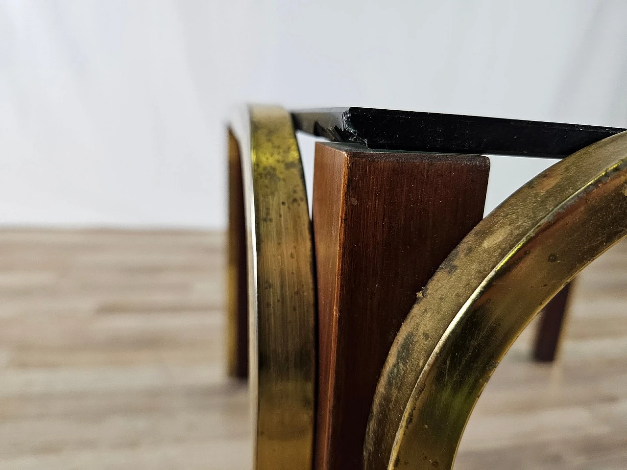 Coffee table in gilded metal and smoked glass, 1970s 11