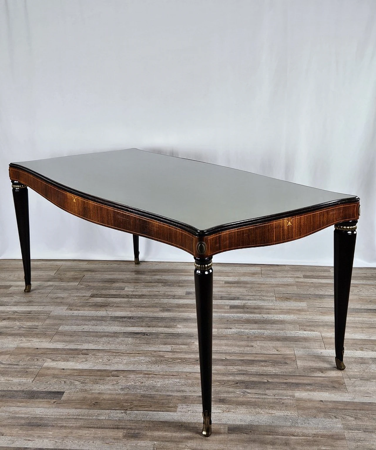 Mahogany table with glass top and brass decorations, 1950s 1