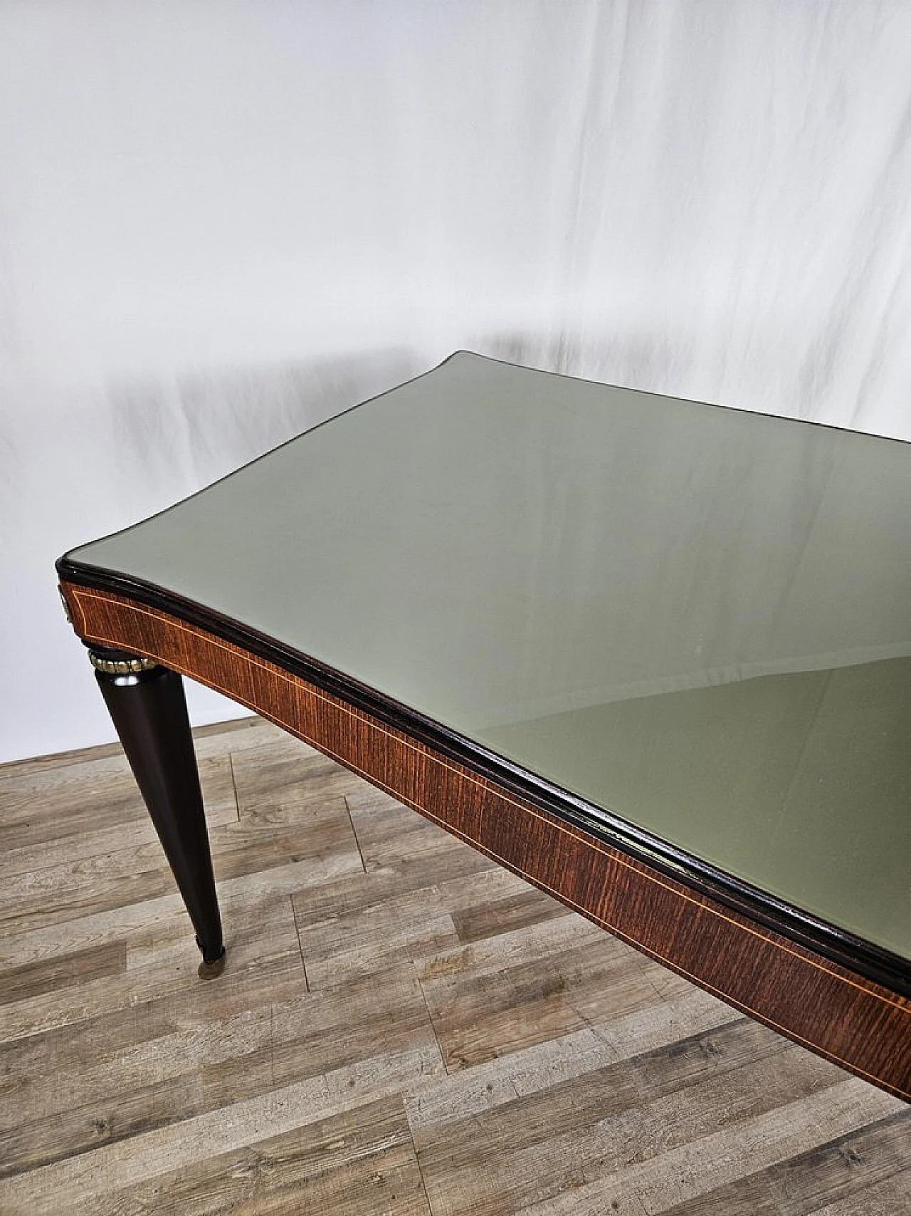 Mahogany table with glass top and brass decorations, 1950s 2