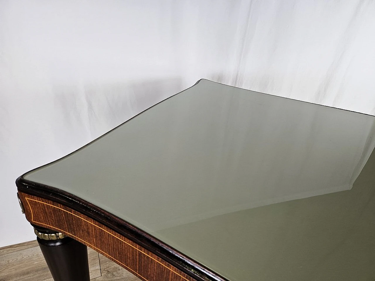 Mahogany table with glass top and brass decorations, 1950s 3