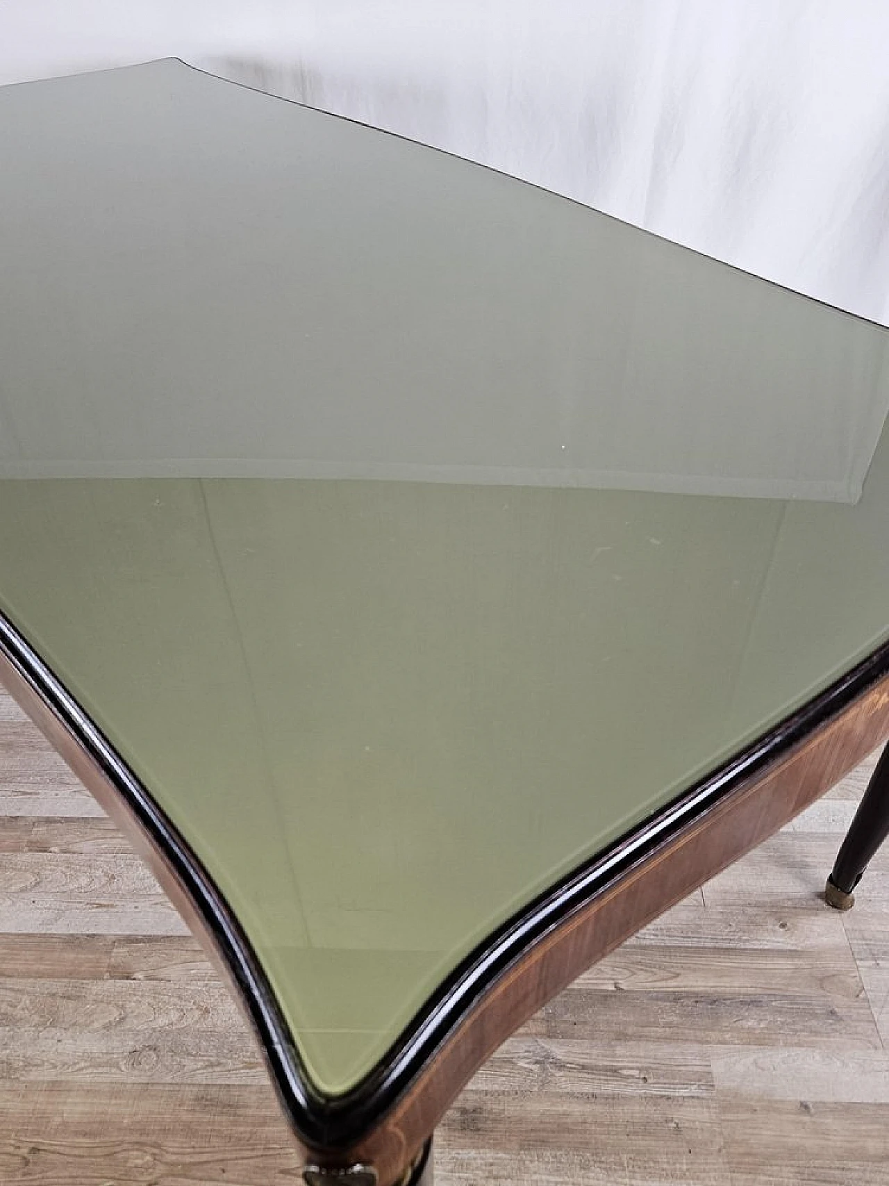 Mahogany table with glass top and brass decorations, 1950s 4