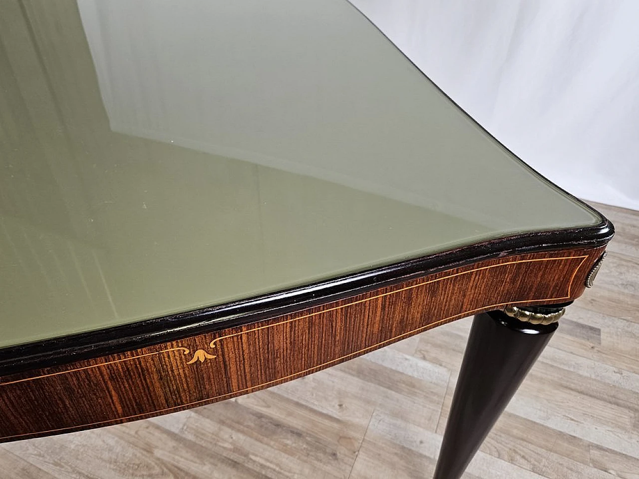 Mahogany table with glass top and brass decorations, 1950s 5