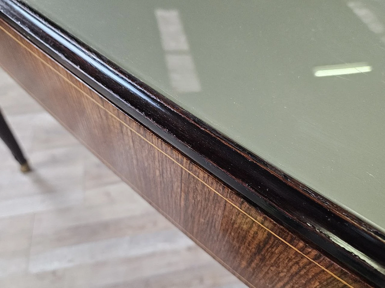 Mahogany table with glass top and brass decorations, 1950s 9