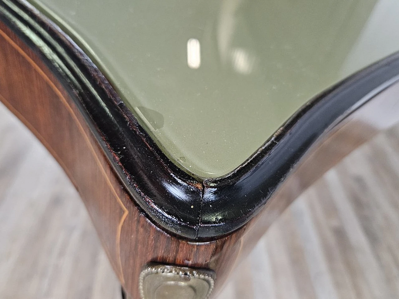 Mahogany table with glass top and brass decorations, 1950s 12