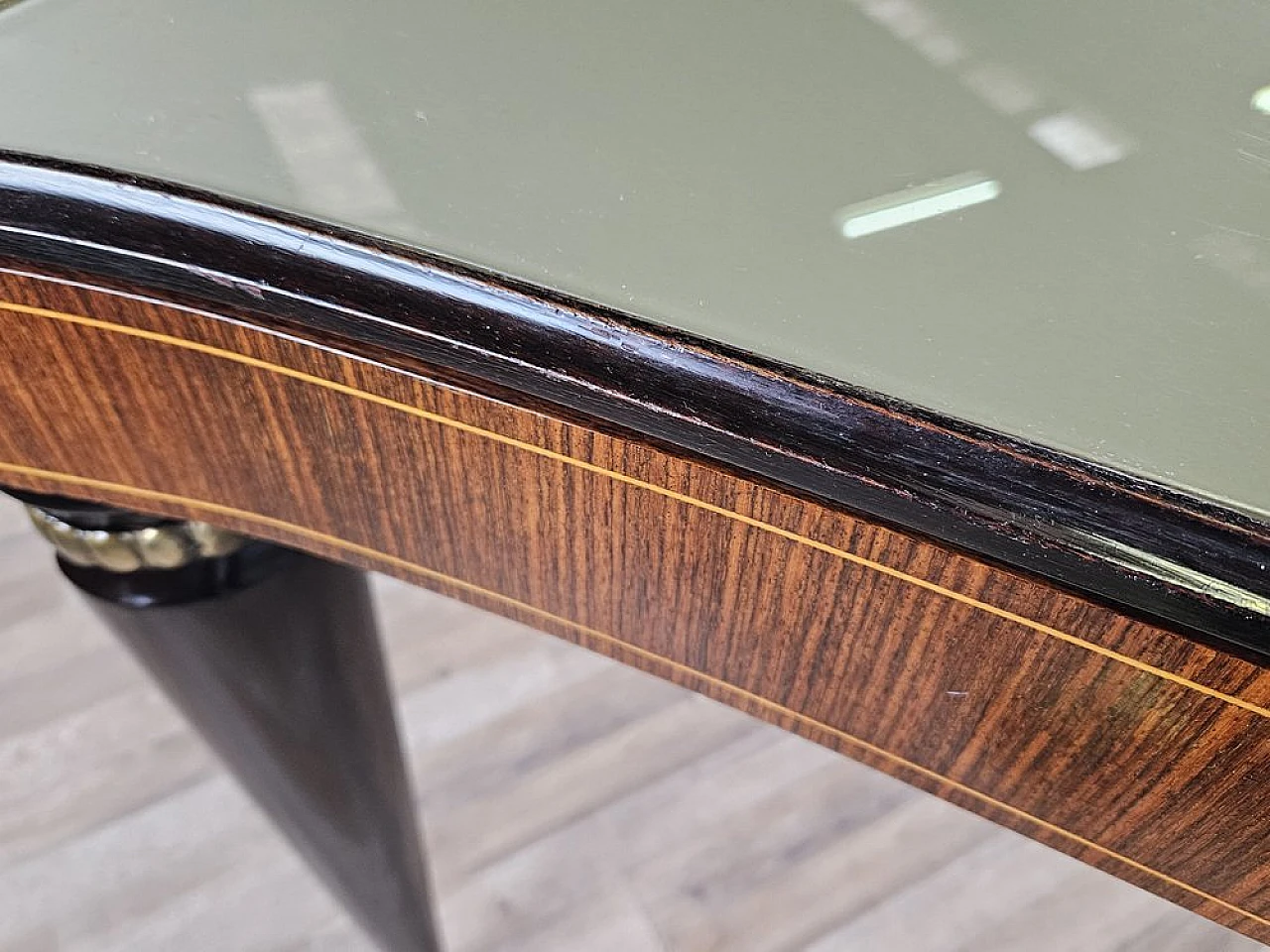 Mahogany table with glass top and brass decorations, 1950s 13