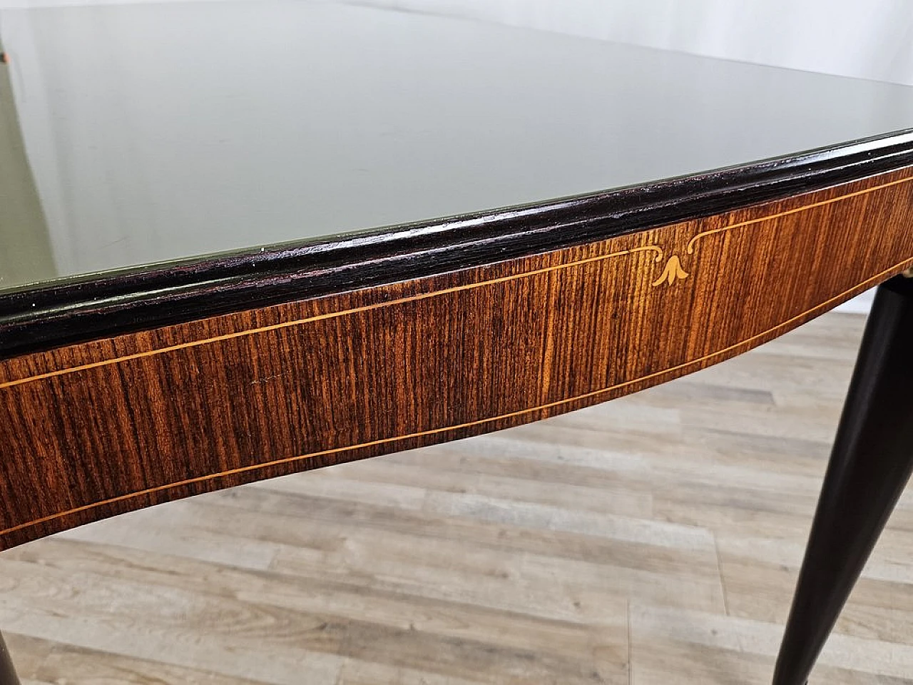 Mahogany table with glass top and brass decorations, 1950s 16