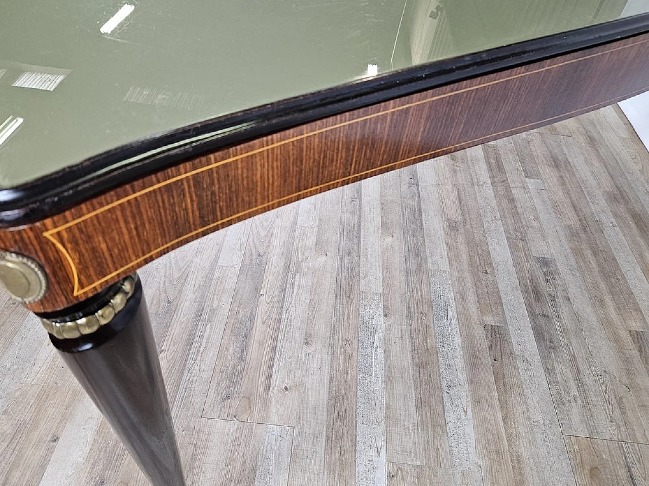 Mahogany table with glass top and brass decorations, 1950s 17