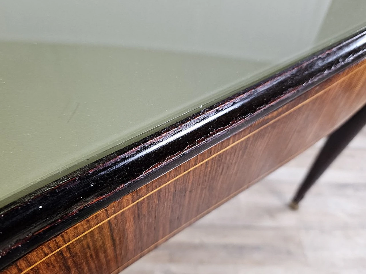 Mahogany table with glass top and brass decorations, 1950s 18