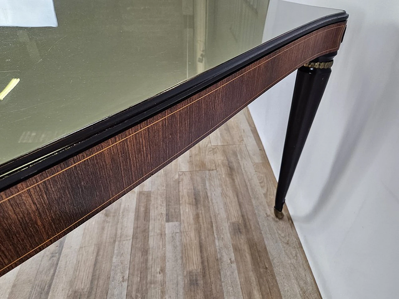 Mahogany table with glass top and brass decorations, 1950s 19