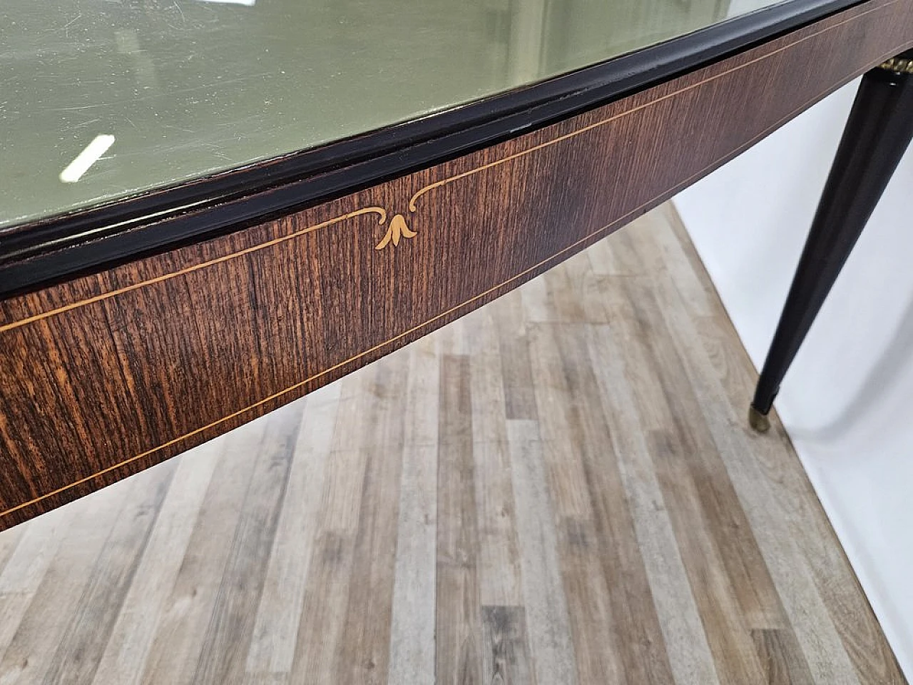 Mahogany table with glass top and brass decorations, 1950s 20