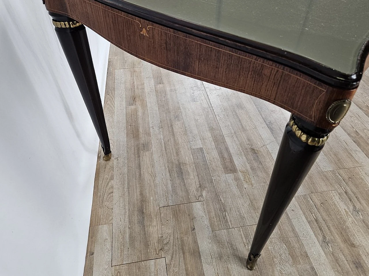 Mahogany table with glass top and brass decorations, 1950s 21