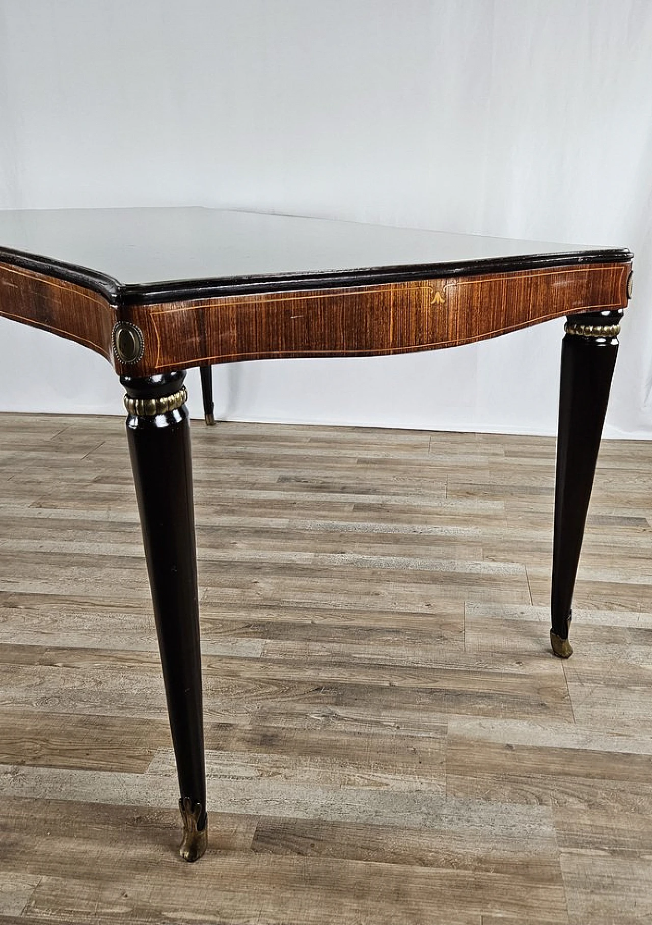 Mahogany table with glass top and brass decorations, 1950s 22