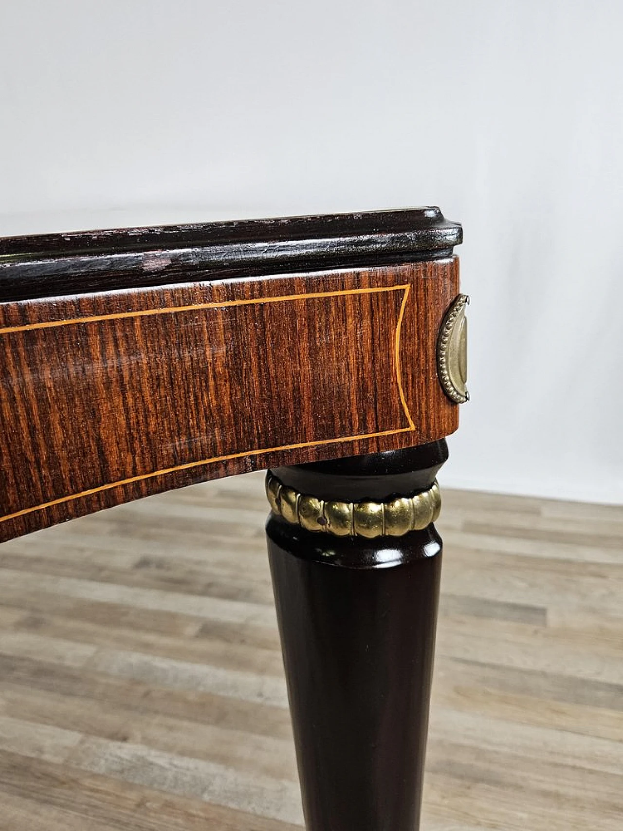 Mahogany table with glass top and brass decorations, 1950s 23