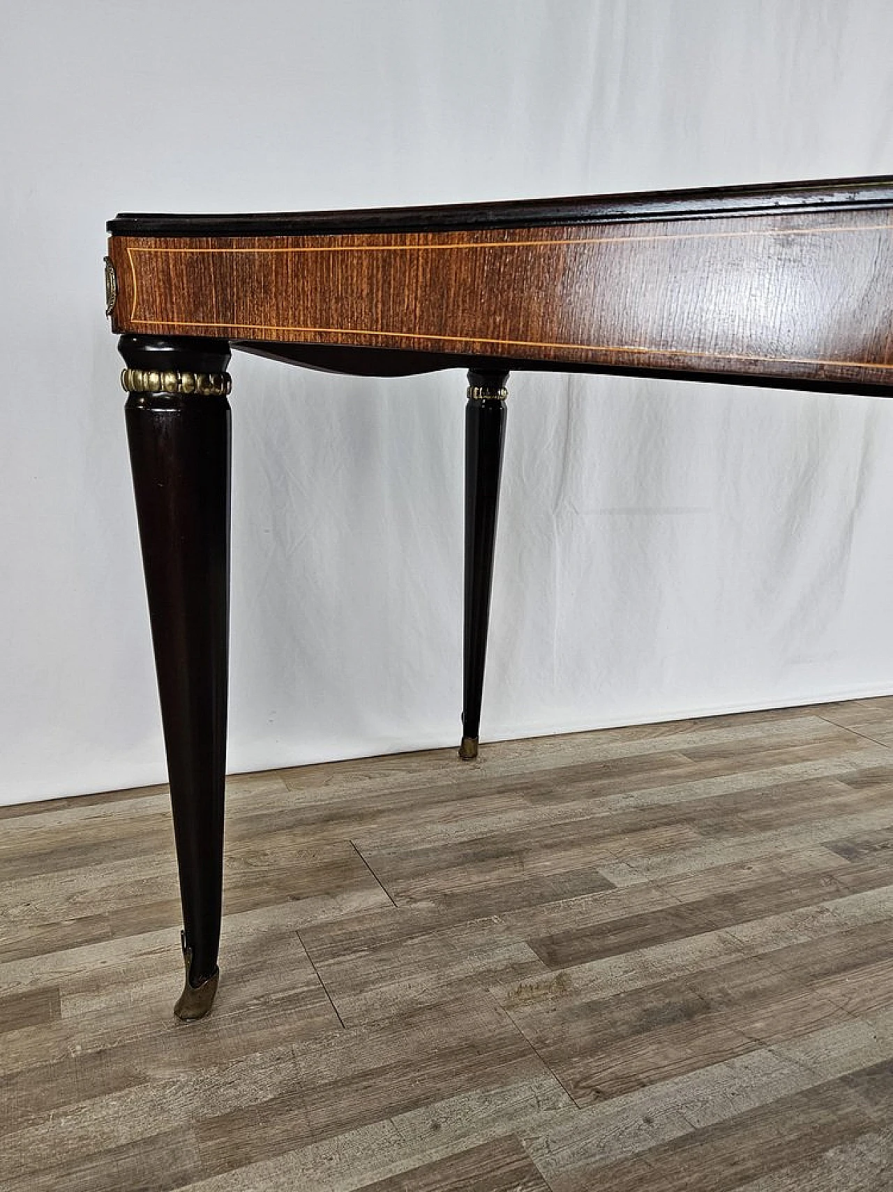 Mahogany table with glass top and brass decorations, 1950s 24