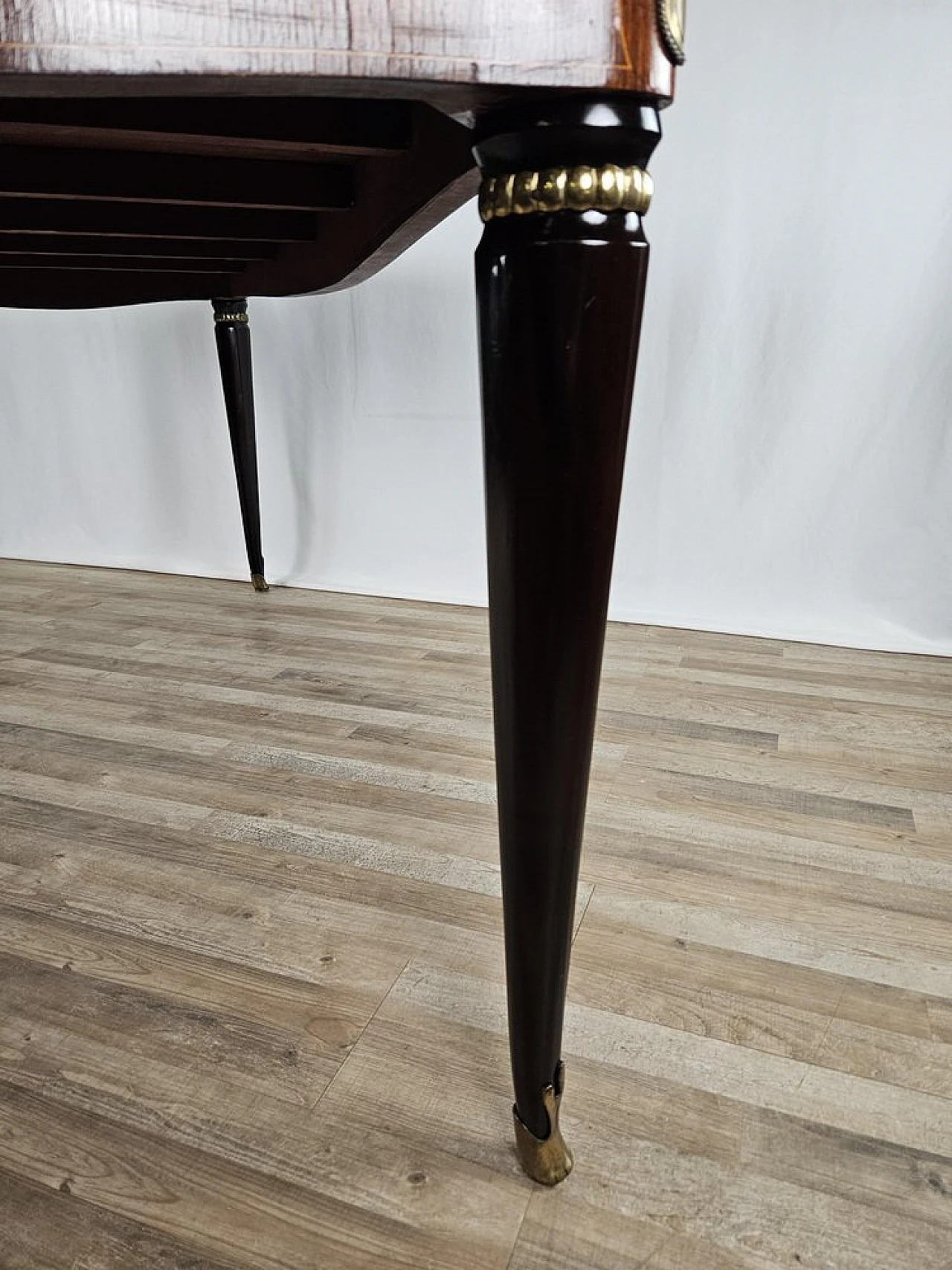 Mahogany table with glass top and brass decorations, 1950s 25