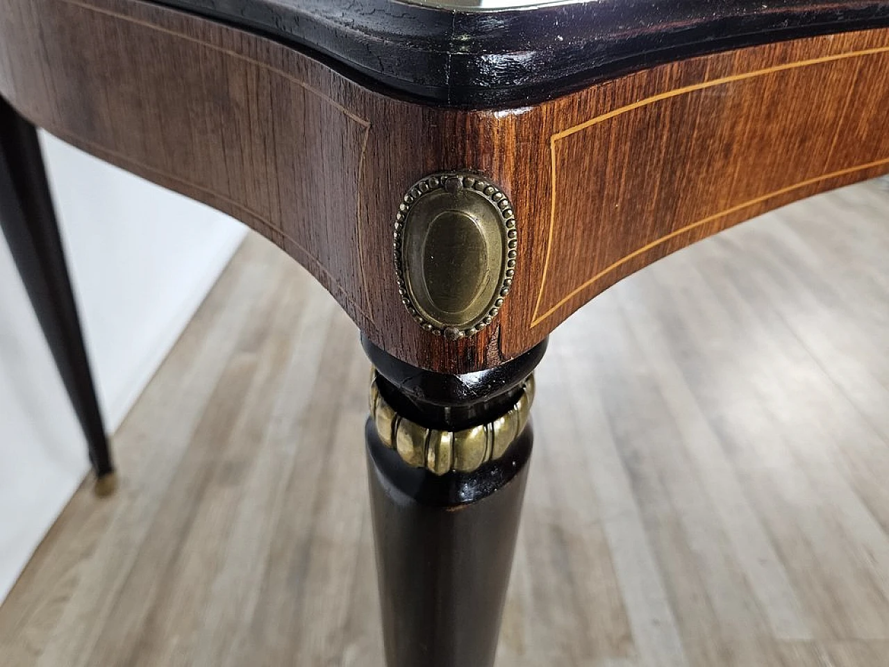 Mahogany table with glass top and brass decorations, 1950s 27