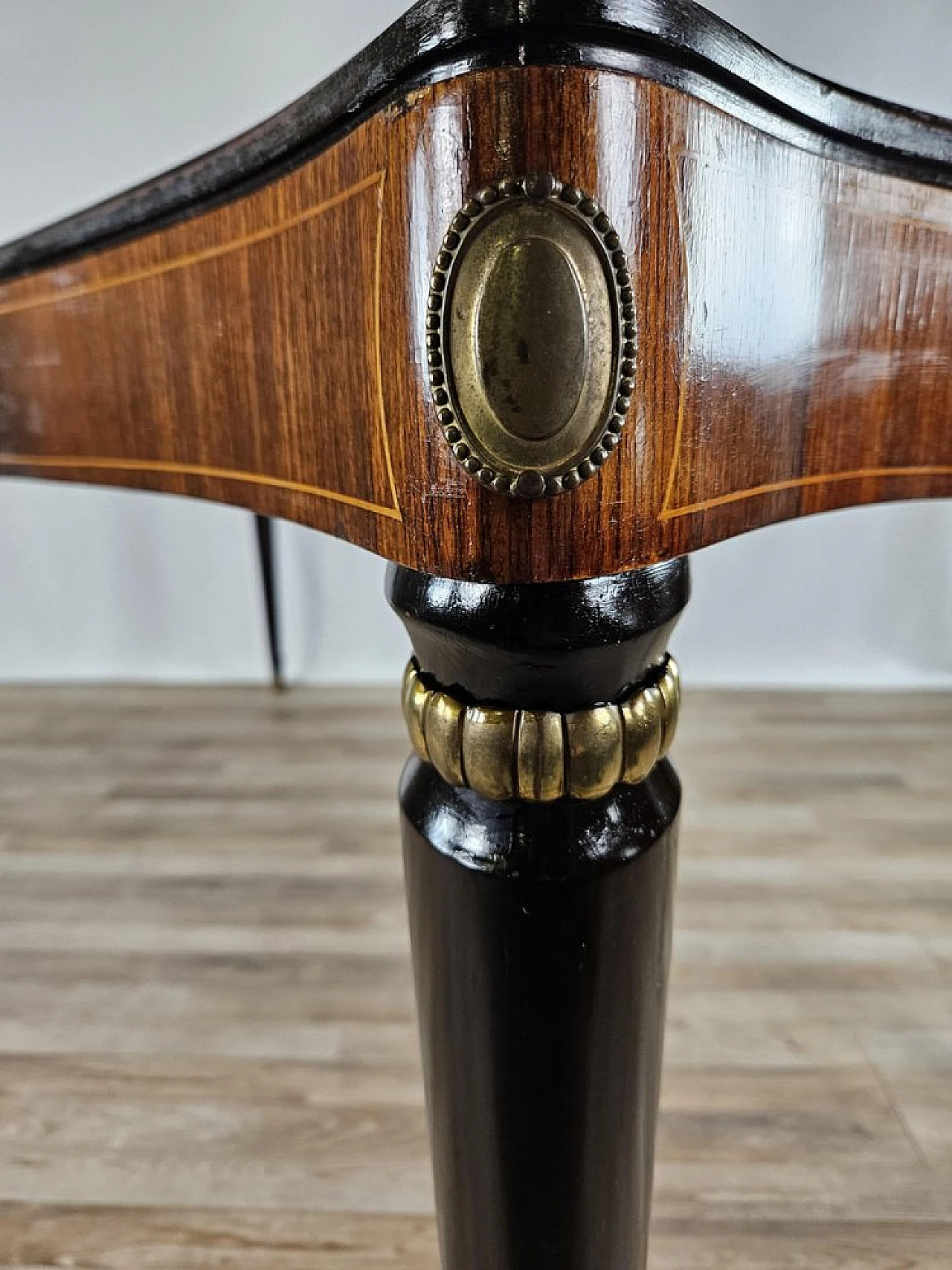 Mahogany table with glass top and brass decorations, 1950s 28