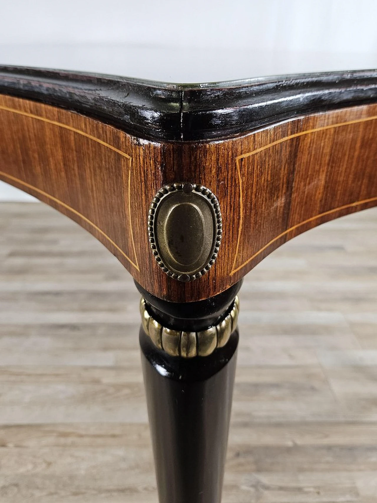 Mahogany table with glass top and brass decorations, 1950s 29