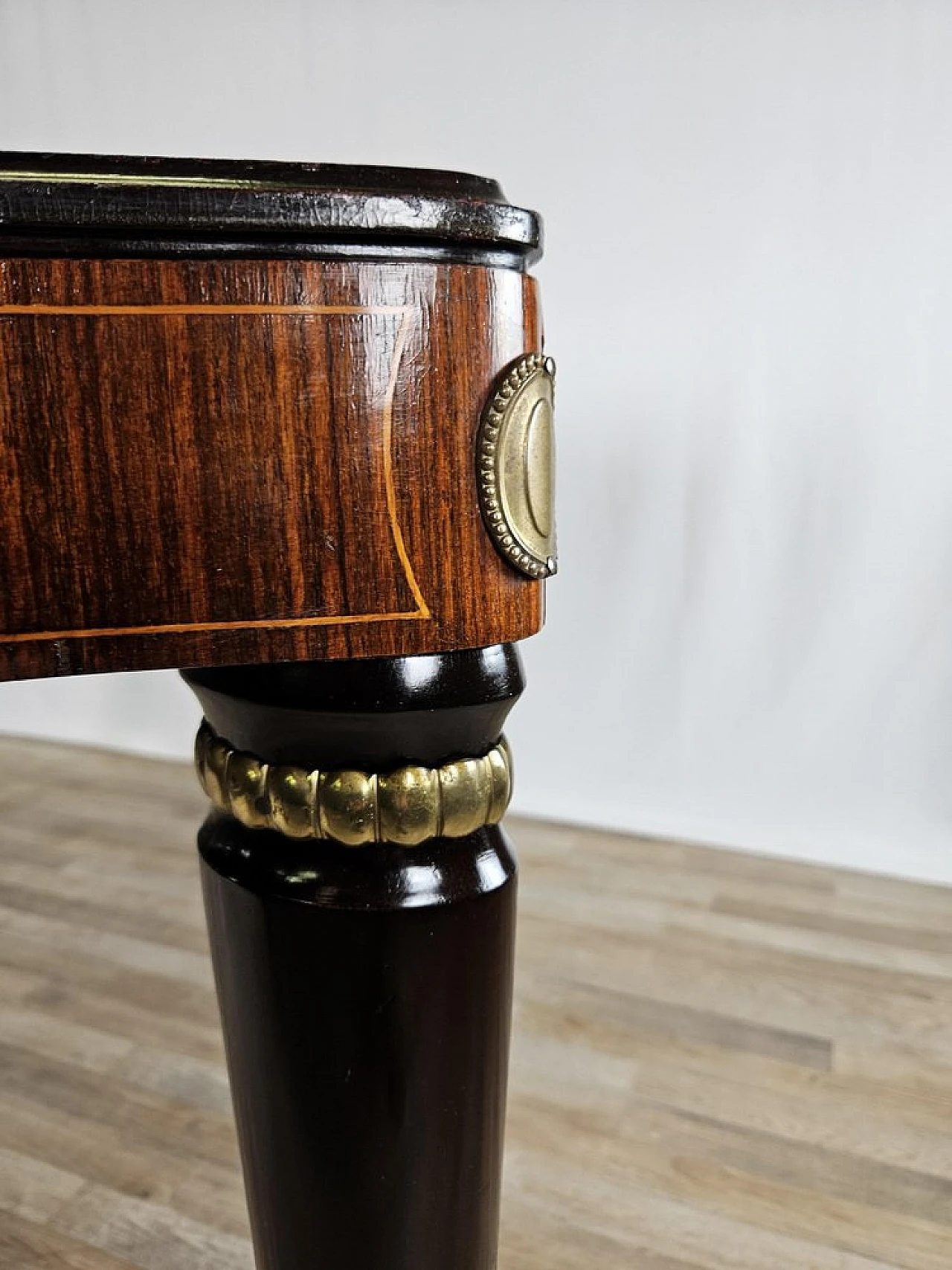 Mahogany table with glass top and brass decorations, 1950s 31