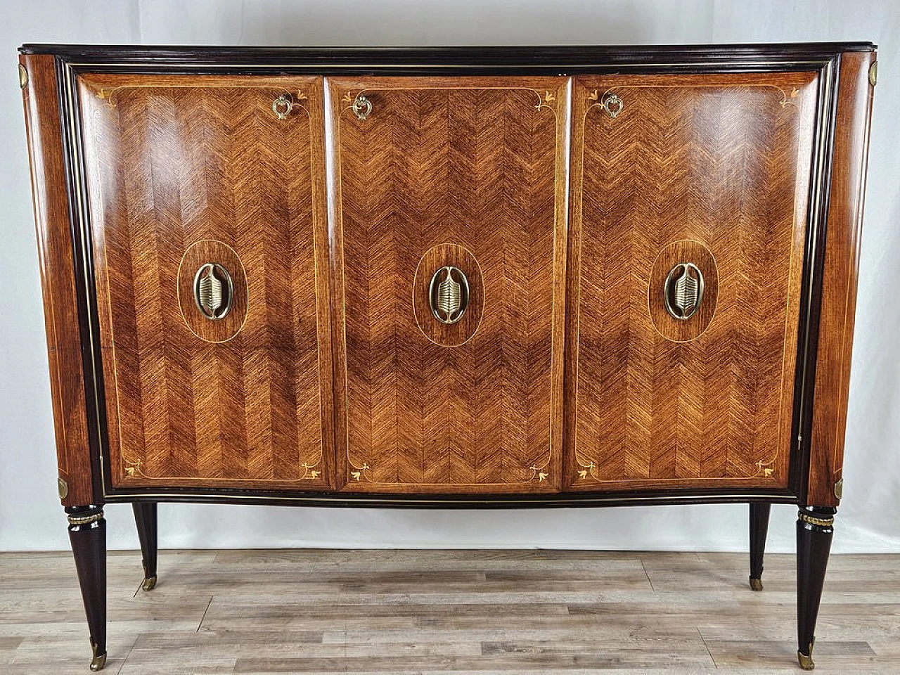 Sideboard in Mahogany and Rosewood with Brass and Glass Decorations, 1950s 1