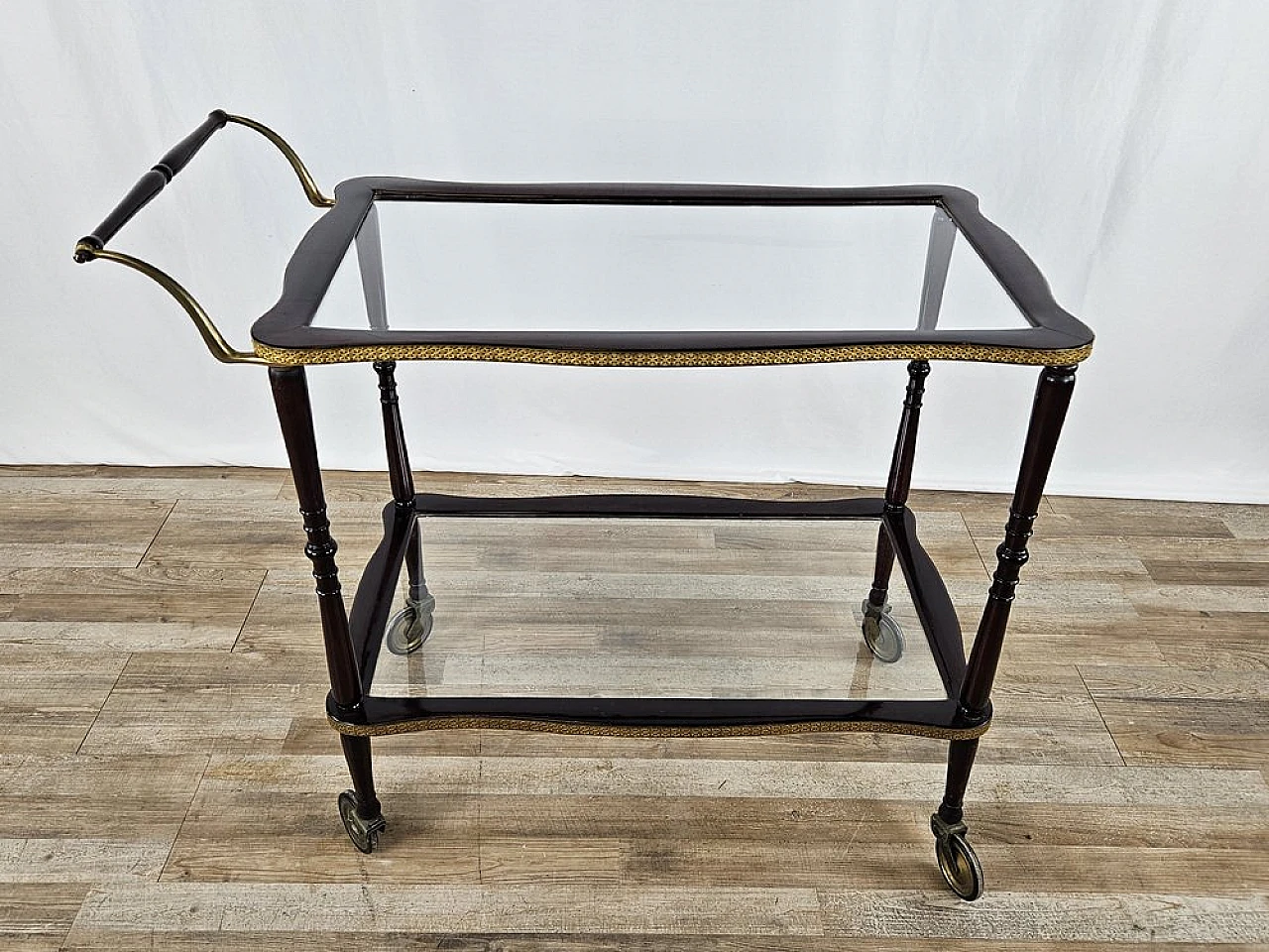 Bar trolley in briarwood, brass and glass, 1950s 1