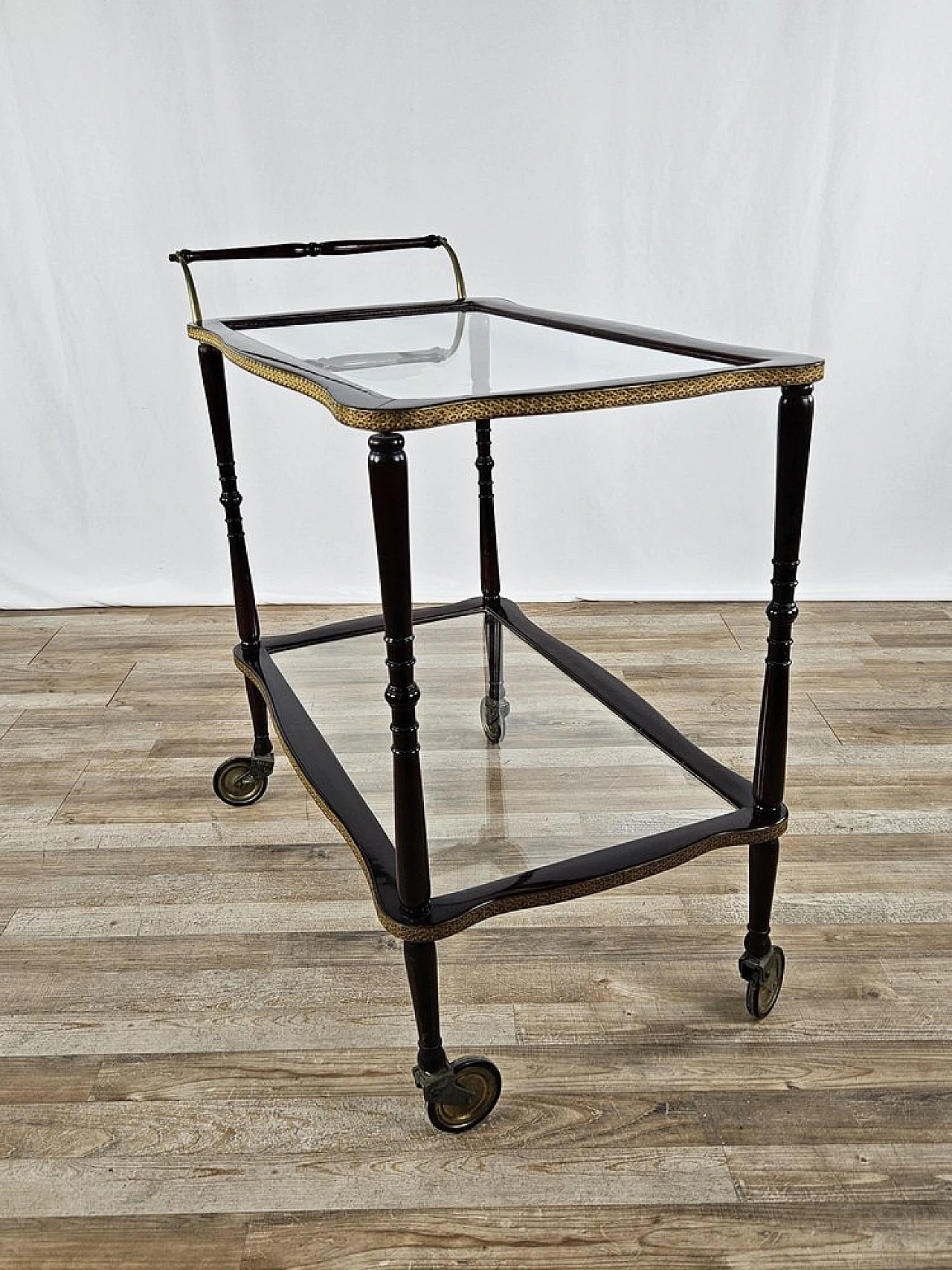 Bar trolley in briarwood, brass and glass, 1950s 3