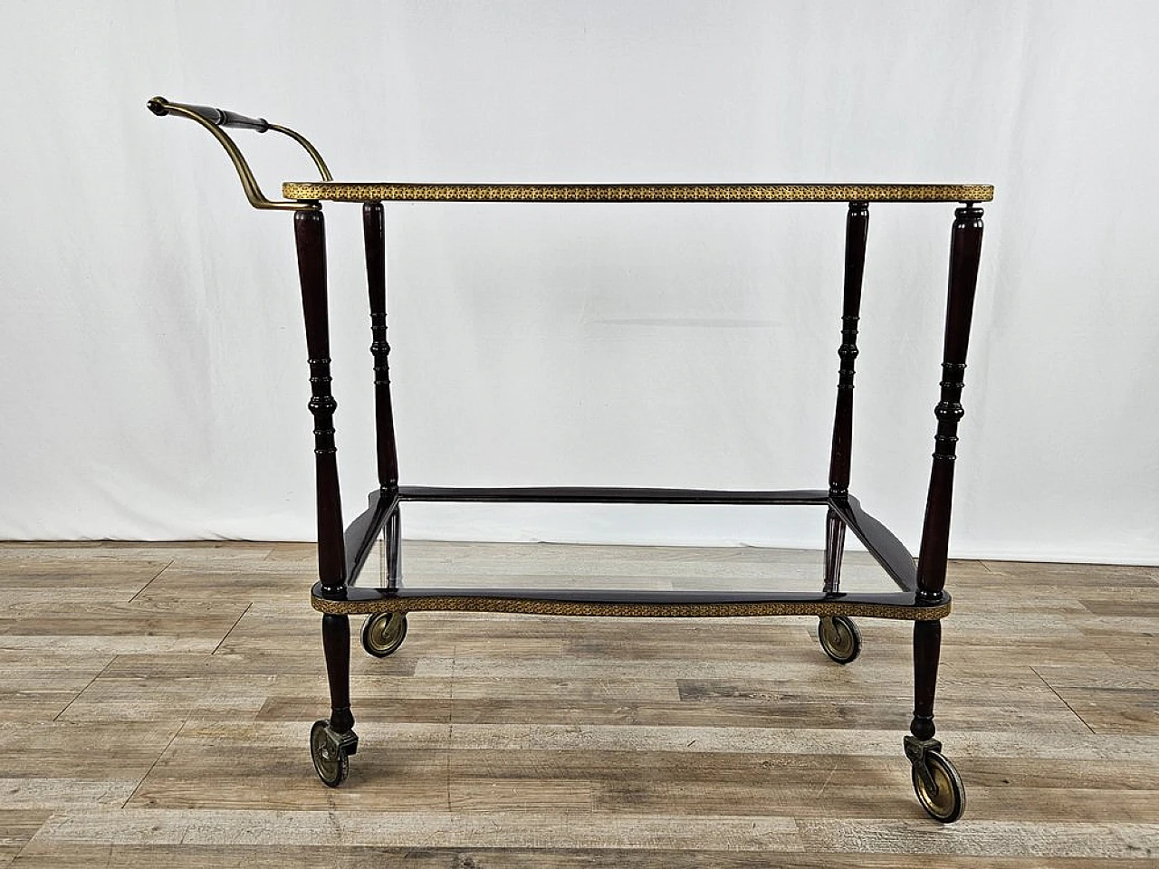 Bar trolley in briarwood, brass and glass, 1950s 4