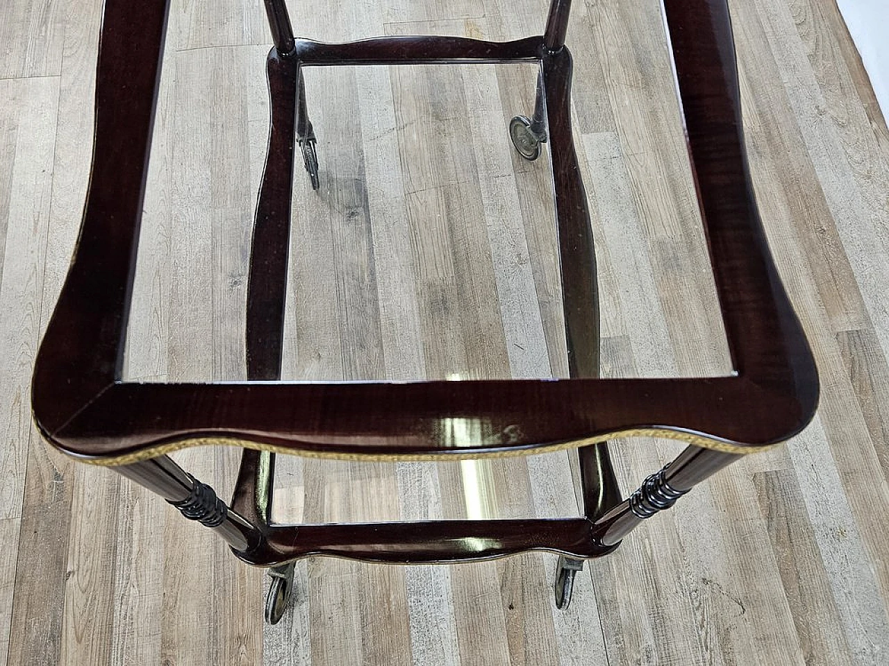 Bar trolley in briarwood, brass and glass, 1950s 8