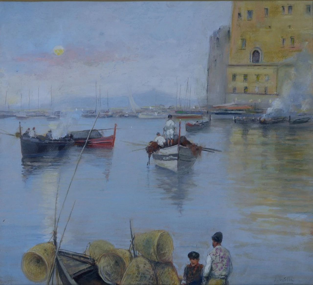 Pescatori a Napoli, olio su tavola di Attilio Pratella, anni '30 2