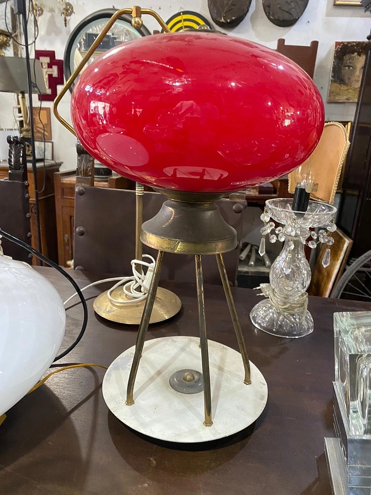 Brass and red glass table lamp, 1950s 2