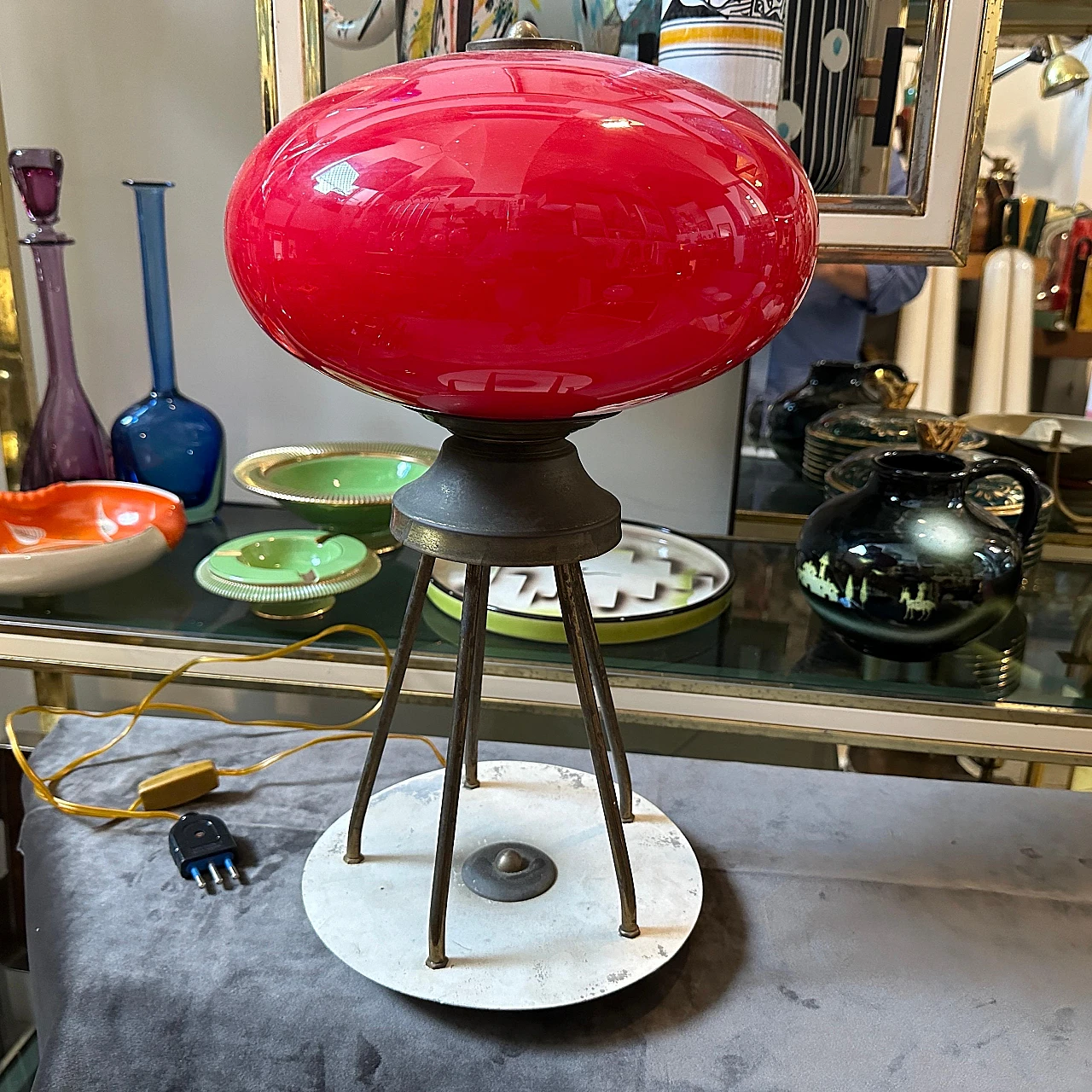 Brass and red glass table lamp, 1950s 3