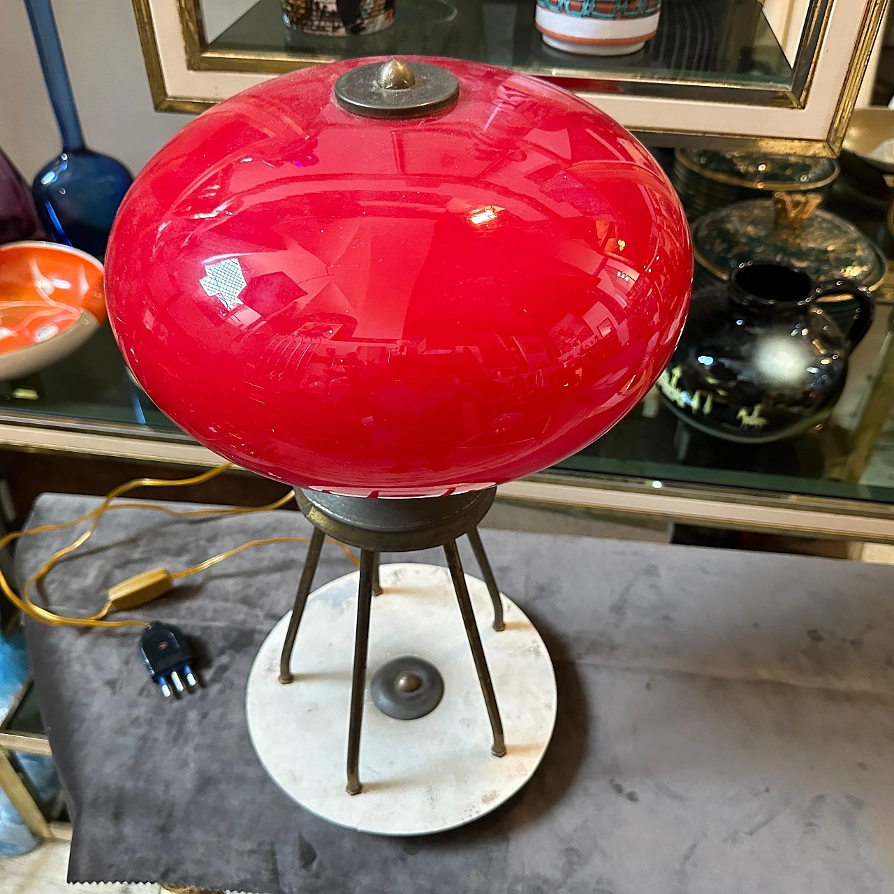 Brass and red glass table lamp, 1950s 4