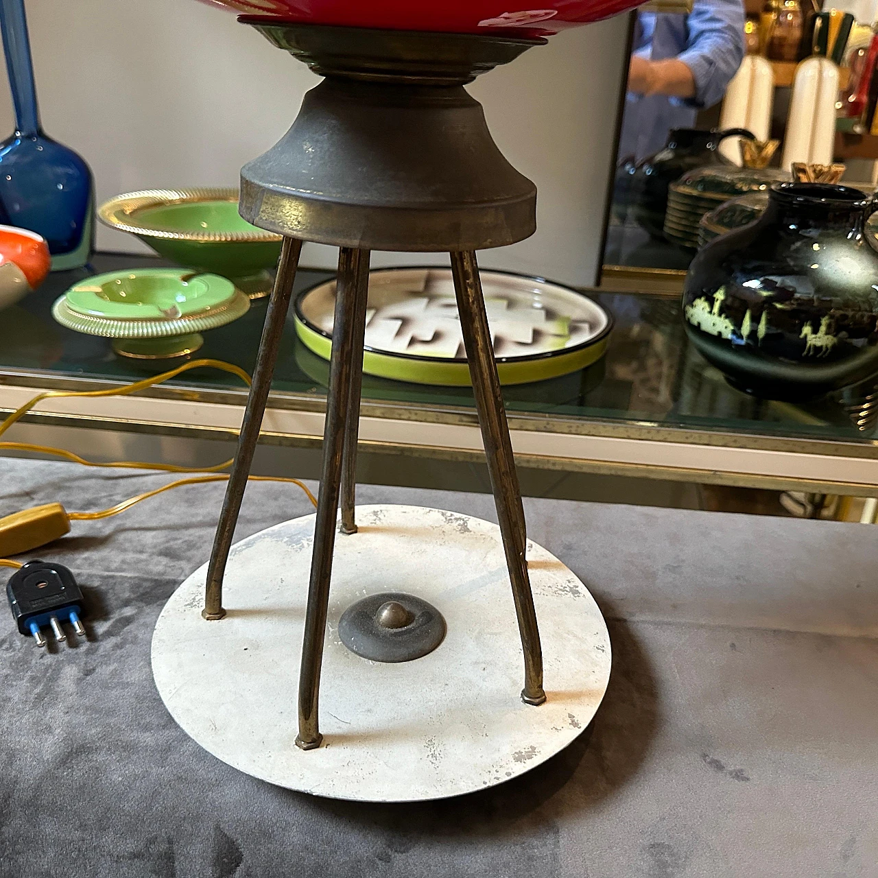 Brass and red glass table lamp, 1950s 5