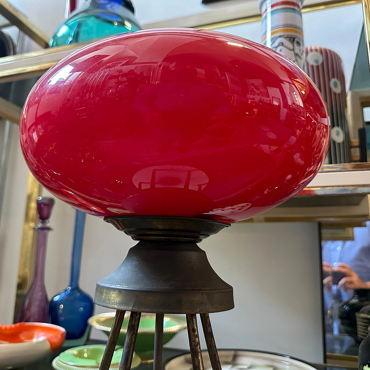 Brass and red glass table lamp, 1950s 6