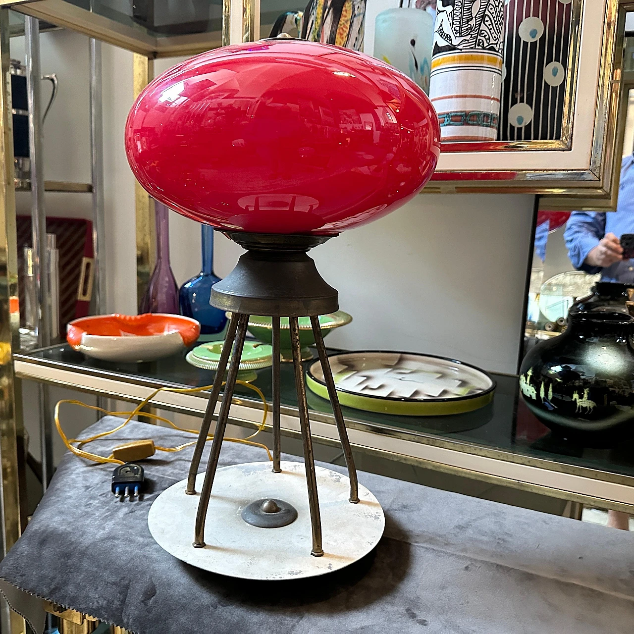 Brass and red glass table lamp, 1950s 8