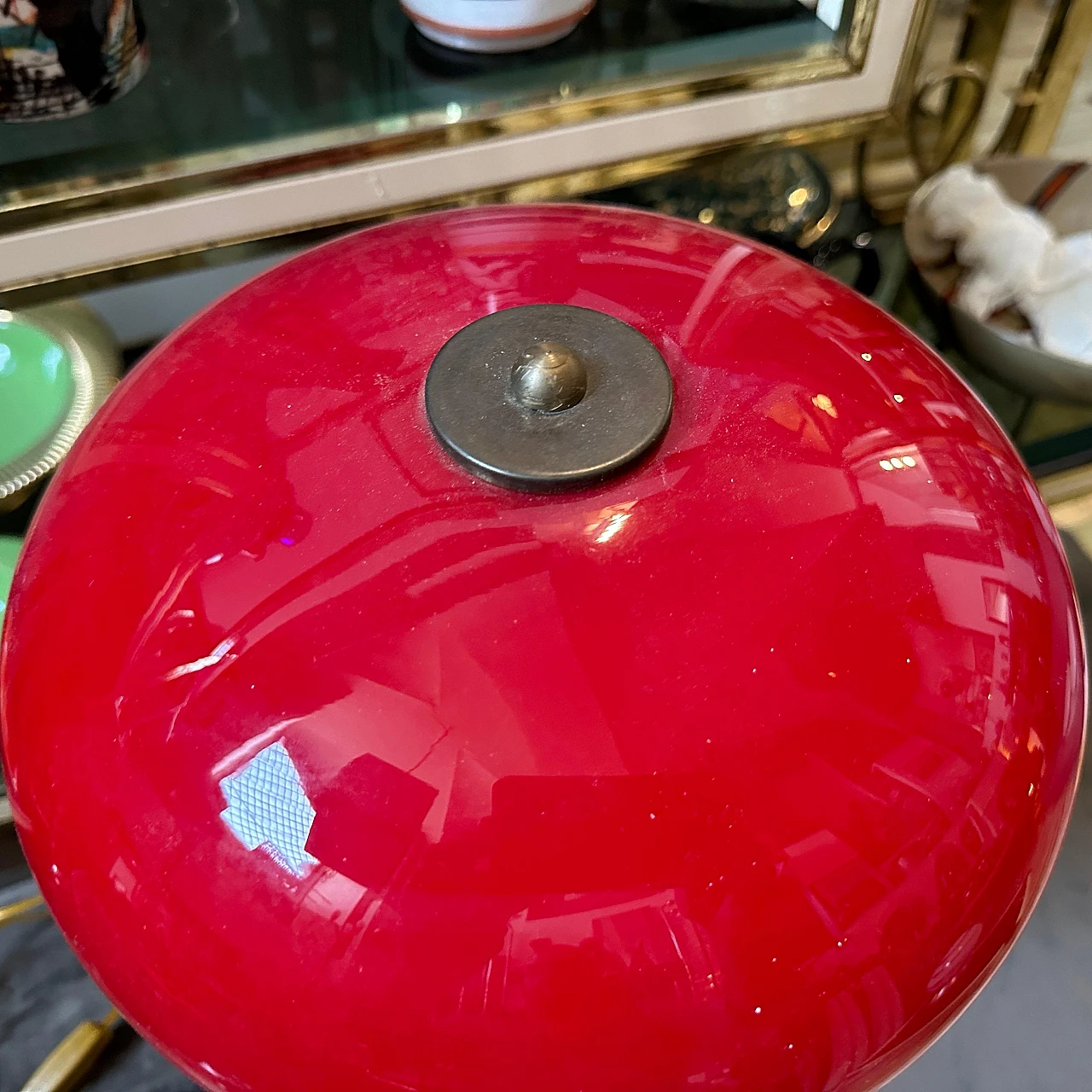 Brass and red glass table lamp, 1950s 9