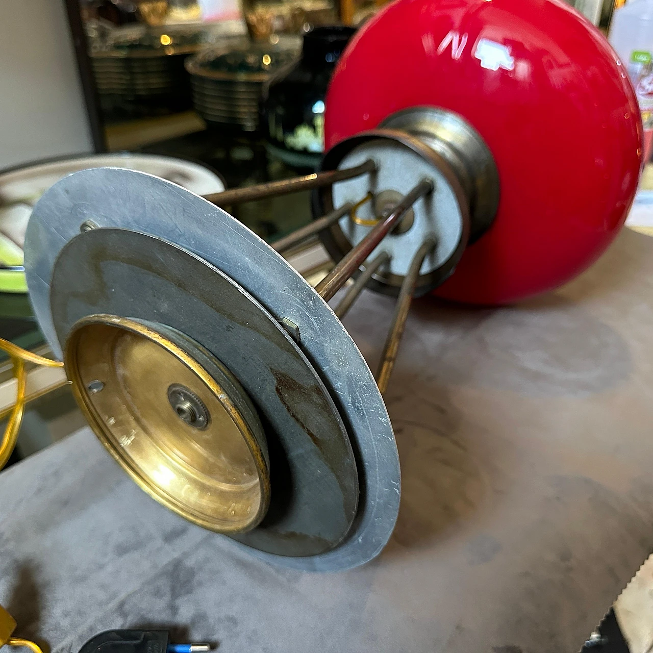 Brass and red glass table lamp, 1950s 13