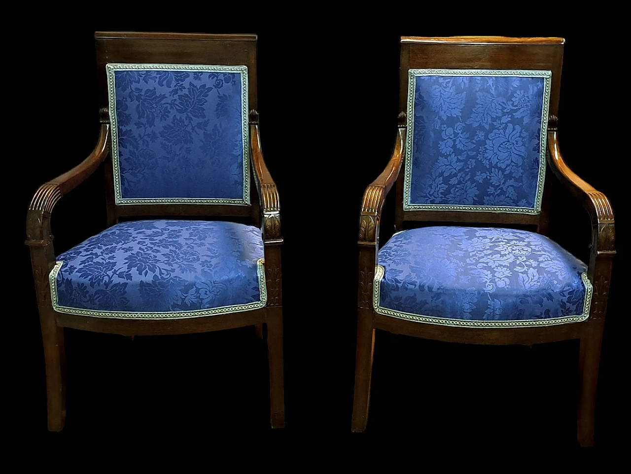 Pair of French Empire armchairs in blu fabric, 19th century 1