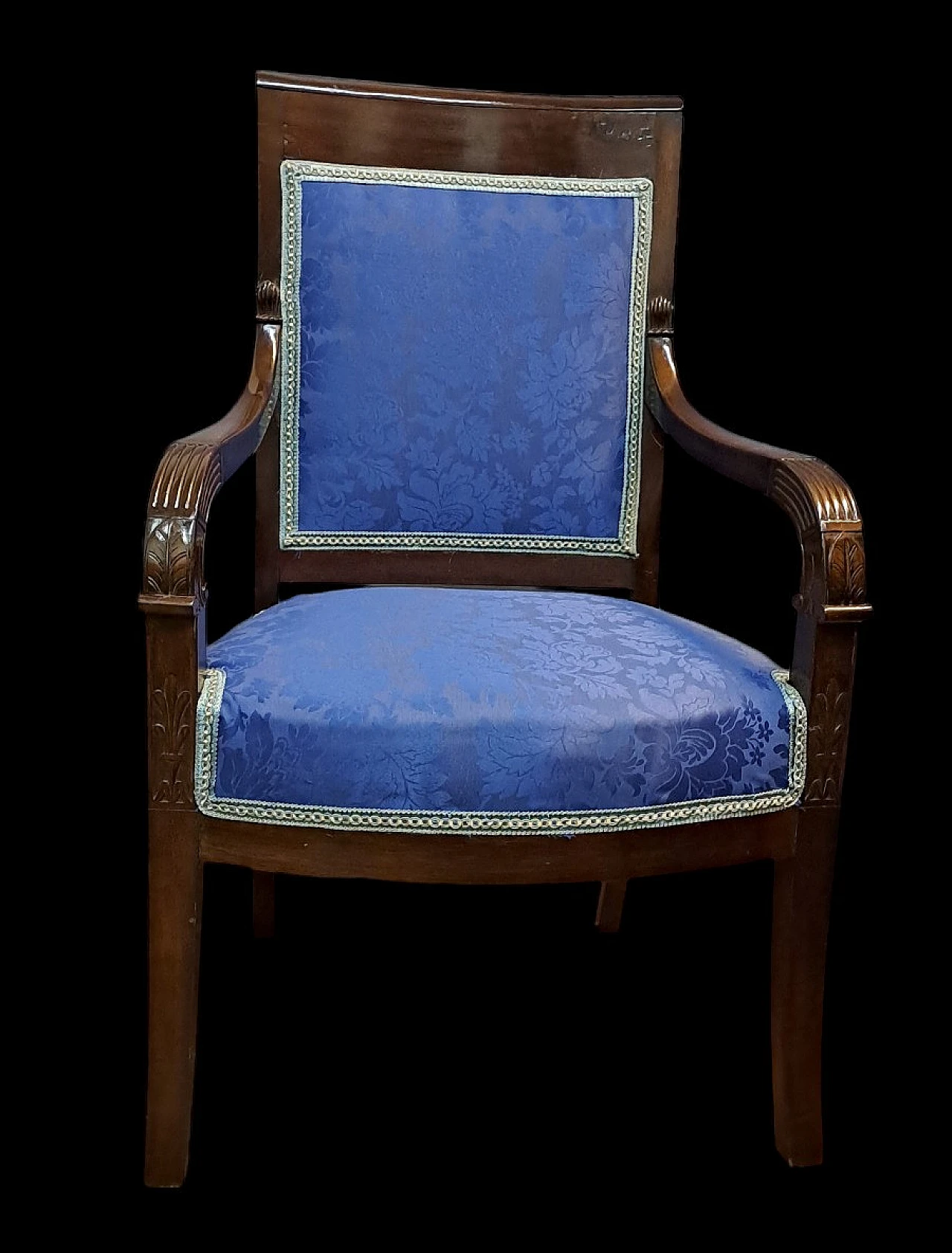 Pair of French Empire armchairs in blu fabric, 19th century 4