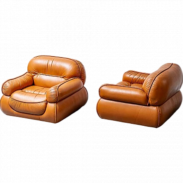 Pair of brown leather armchairs, 1970s