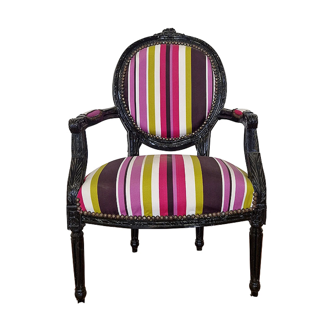 Wood and multicoloured fabric armchair, 1980s 1