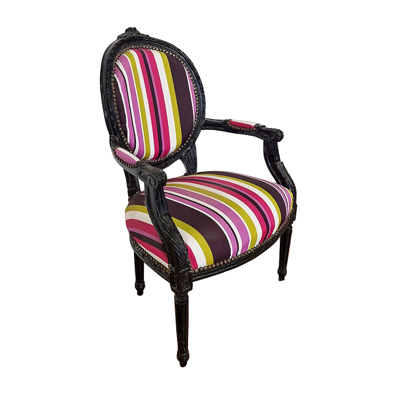 Wood and multicoloured fabric armchair, 1980s 2