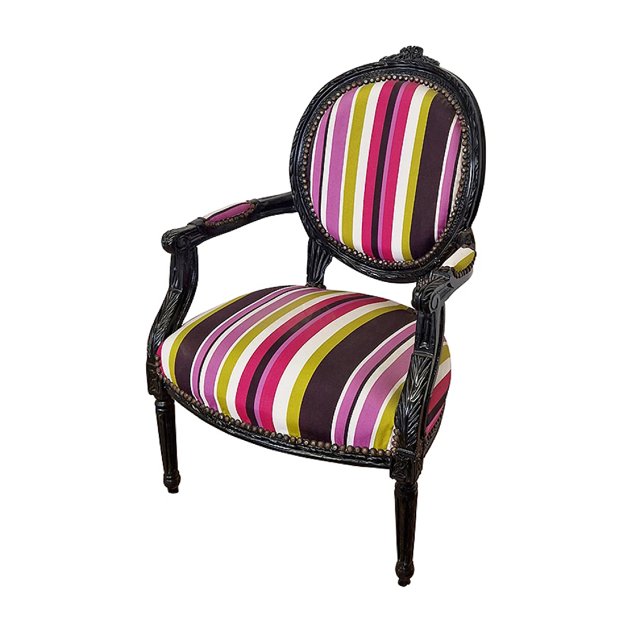 Wood and multicoloured fabric armchair, 1980s 3