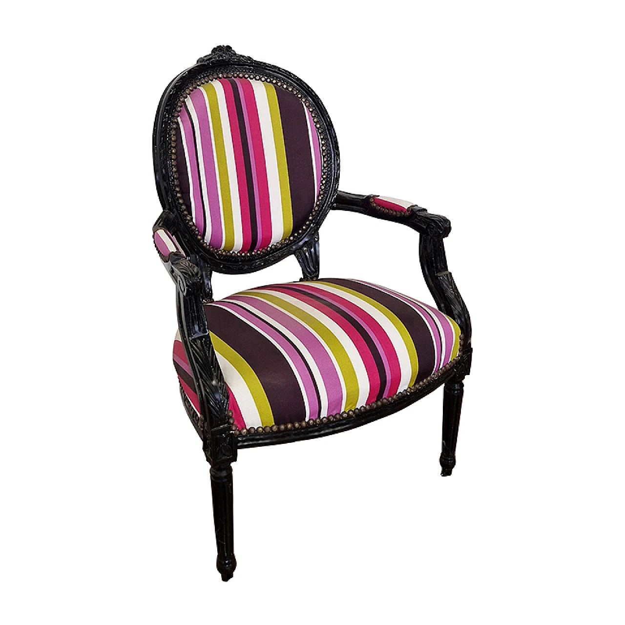 Wood and multicoloured fabric armchair, 1980s 4