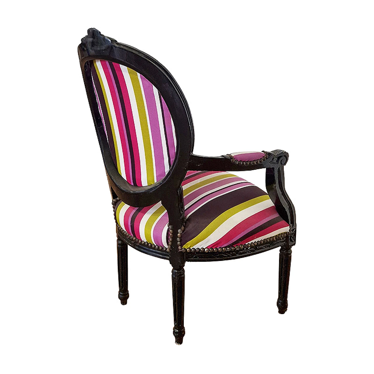 Wood and multicoloured fabric armchair, 1980s 7