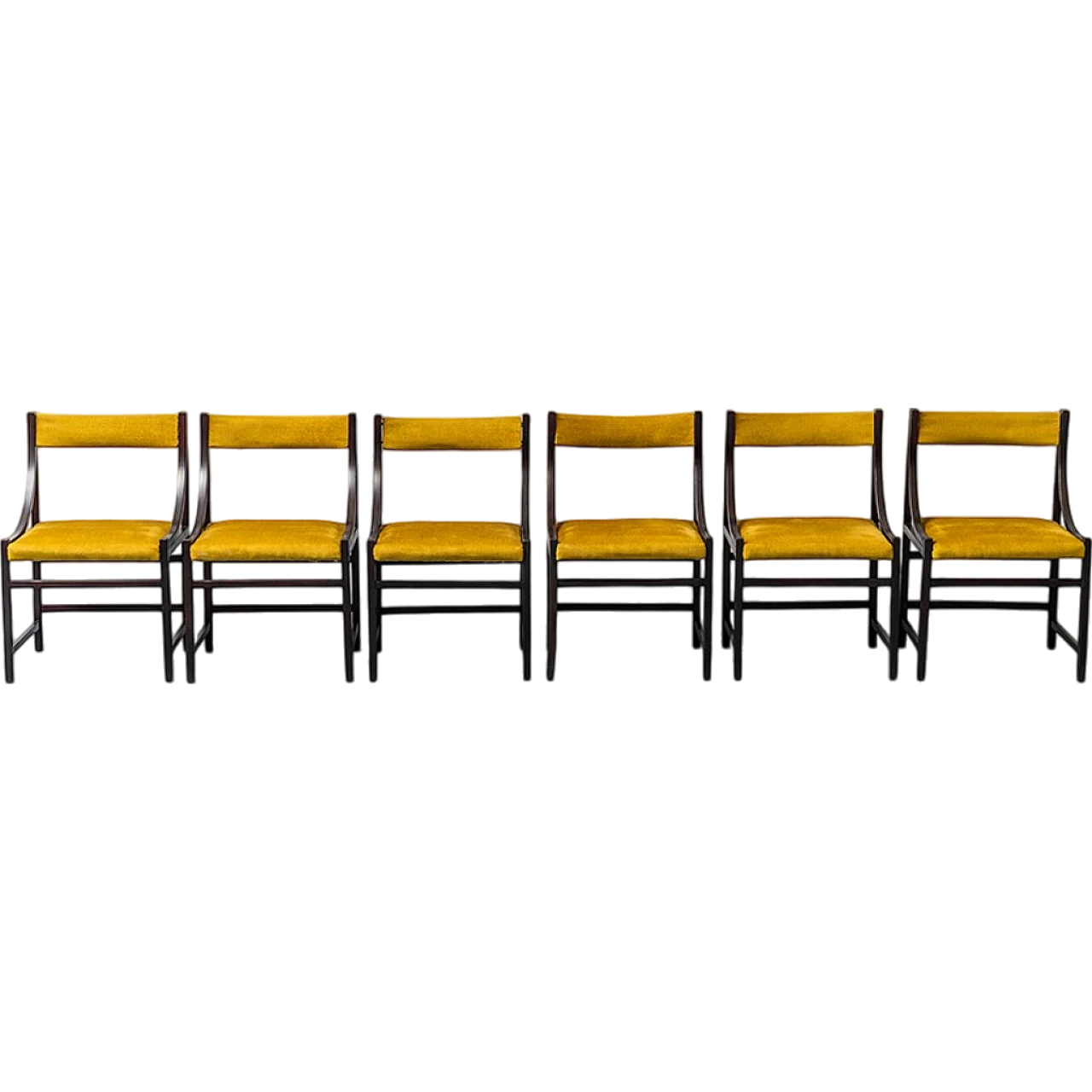 6 Wood and yellow fabric chairs, 1960s 10