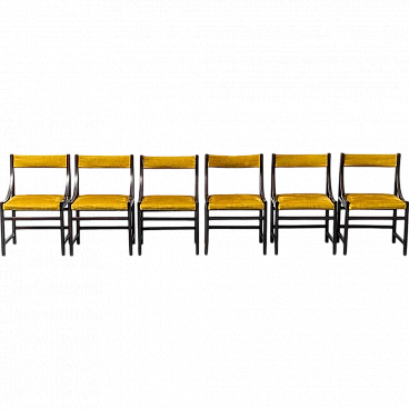 6 Wood and yellow fabric chairs, 1960s